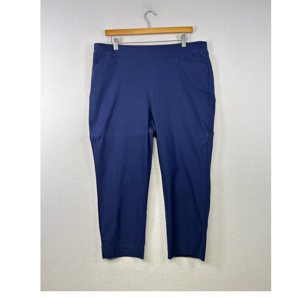 Chico's‎ Pull On Ankle Pants Womens Size 14 Navy Blue Stretch Slit Hem Cropped